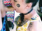 Beautiful Hippy gives balls deep blowjob for sloppy oral creampie