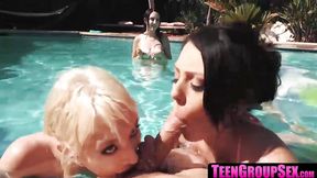 Sultry girls enjoy poolside pleasures, trading blowjobs and orgasms