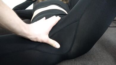 Brunette in black yoga leggings turned on a guy with a huge cock, jerks off and cums on leggings