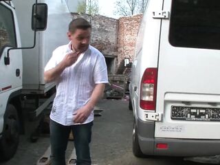 The aged lewd lady screws with the track drive in her car