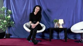 Tattooed big ass mature in sexy red lingerie takes cock in her shaved cunt on casting