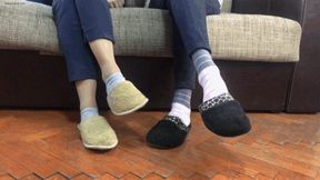 TWO GIRLS DIRTY STINKY SLIPPERS SHOEPLAY IN WORN HOUSE SHOES - MP4 HD