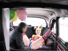 Clown babe squirts and fucks in fake taxi