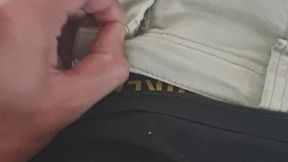 Stretching my thighs while revealing my boxer and unbutton pants sitting in the office
