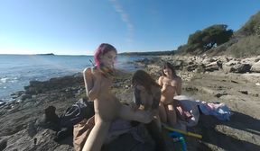 3 Hot College Girls on Winter Vacation Naked on Beach Fire Dancing Bubbles Cheri Josie Poppy