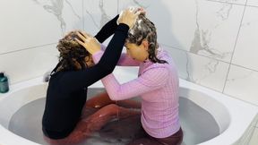 Washing hair together! Tight outfits!
