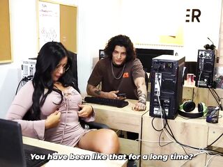 Large-assed brunette hair secretary suggests her aid to the boss's son in the office to get an advantage
