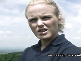 British blond outdoors flashes pants