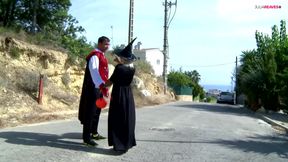 Big tits MILF sucks a huge cock while another thrusts her pussy in the wild