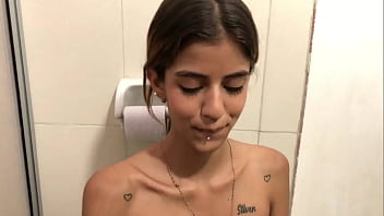 Stepsister catches me jerking off in her bathroom and lets me shoot load on her cute face - full story
