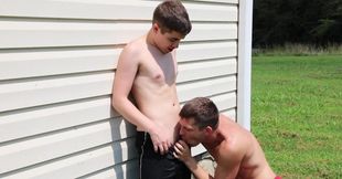 Sunny outdoor anal on the porch for a thin boy with tight ass