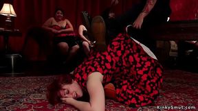 Milf in threesome anal bondage at party