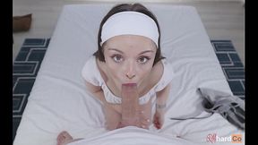 Amateur BJ POV - Cute Brunette with Green Eyes sucking cock gets a BIG Facial - RMhardCo