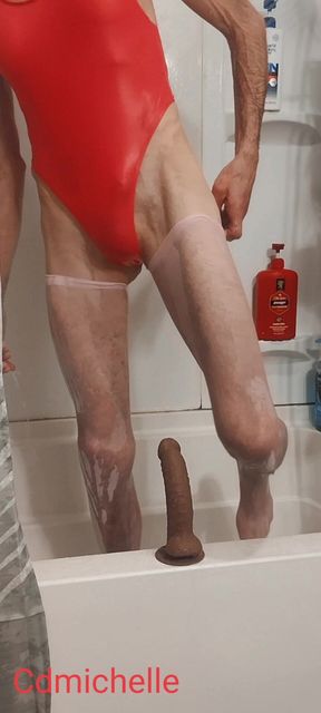 Cdmichelle Wearing Sexy Orange Swimsuit Playing Around in the Shower
