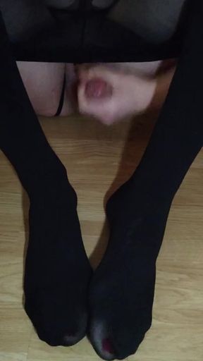 Sissy femboy cum on her own stocking feet