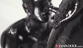 Asian Damian Dragon and Yoshi Kawasaki splatter oily black goo while breeding raw