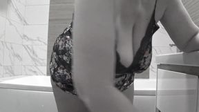 Housewife BBW milf in nylon tights with big natural tits cleans the bathroom.