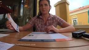 Making her cum her publicly with remote vibrator under the table