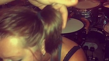 Sultry MILF drummer gives deepthroat blowjob and cums on fan's face