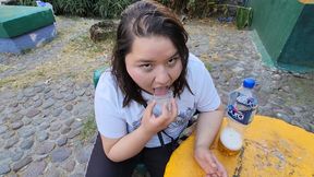 Big Ass Latina takes it in the ass and swallows cum & piss in public