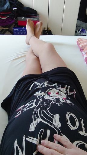 Nylonjunge in the Nightgown and Tights in Bed