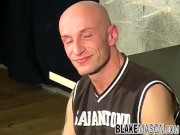 Tattooed British jock Leon wanking hardcore after interview