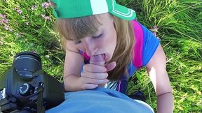 OUTDOOR.  POV. Young cute teenager shy, but sucks cock at the photographer