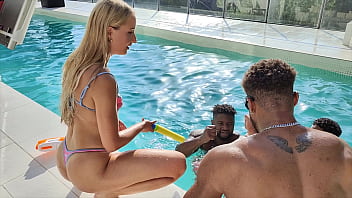 Petite blonde gets pounded by multiple BBC in a French gang bang