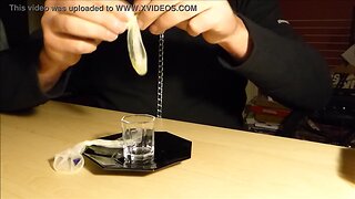 Drinking spunk from two condoms