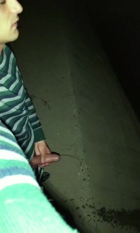 Twink Pisses with Erection Under the Bridge - Uncut Cock