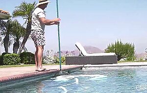 Smoking hot busty milf tempts poolboy with a toy in her ass