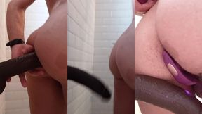 jugando con mis dildos en la ducha