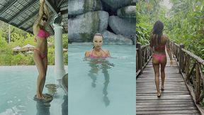 hot monika fox in pink bikini swims in pool and walks