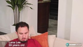 Mature blonde woman gives blowjob and shows off big tits to younger guy