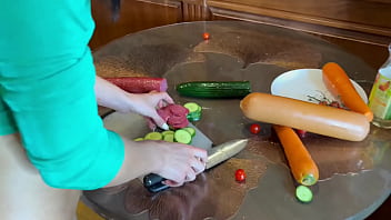 Kate Rich jerks off with big vegetables and sausage and then treats friends