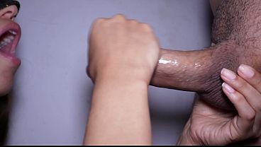 Submissive woman gives a wet blowjob with a big load in her deep throat