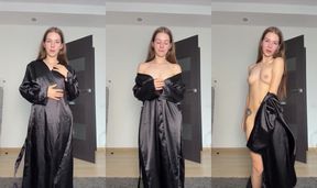 She pulls robe open and teases wet slit