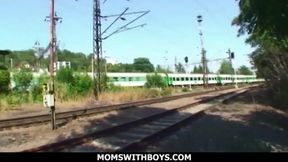 Old brunette lady fuck along the train tracks