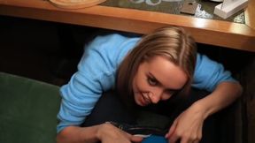 Public Blowjob Under The Table In The Restaurant. Cum in Mouth.