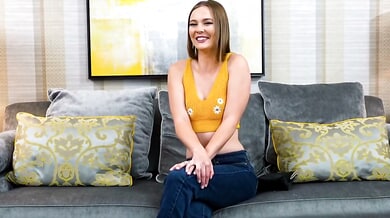 Redhead gives handjob and takes deep penetration on leather couch
