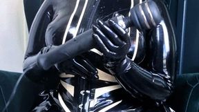 Intense vibration session, fully covered with latex catsuit and mask