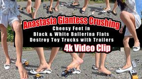 4K | Anastasia Giantess Crushing Fetish: Huge Cheesy Feet in Black & White Ballerina Flats Destroy Toy Trucks with Trailers, Military Vehicles & Construction Vehicles Barefoot & in Ballerinas – Total Destruction4K POV Crush Clip