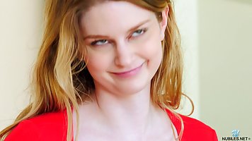 Big titted blonde, Bunny Colby took off her red dress and started masturbating wih a glass dildo