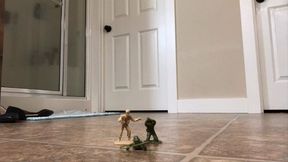 Toy soldiers caught under Giantess Flats