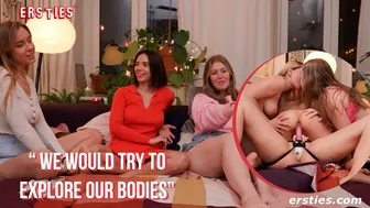 Four sexy babes enjoy lesbian strapon sex with big natural tits