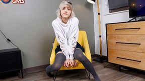 ”GROOBYGIRLS - Blonde Tgirl with pink nipples masturbates”