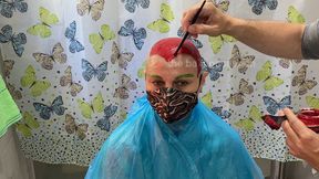 total bald red head and green eyebrows
