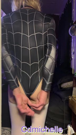 Crossdresser Michelle Wearing Spiderman Onepiece Badysute Playing with Big Cock