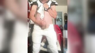JockDad87 Edges his beefstick in Football Pads and a Jock String