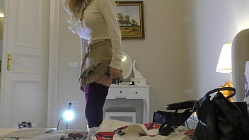 Cute Hot Tight Pussy Blonde in Red Pantyhose and Mini Skirt takes her Panties Off to Flash Pussy and Ass